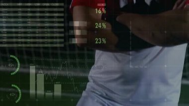 Spor analitiği bölümünde duran erkek sporcu, animasyon bar çizelgeleri ve dünya haritası grafikleri gösteriyor. Sporcu, performans, analitik, teknoloji, fitness, veri görselleştirme, skor tabelası