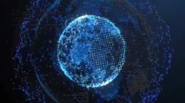 Parlayan mavi holografik veri küresi dijital arayüzde dönüyor, yüzen kod akışları ve düğümleri. Teknoloji, yenilik, siber güvenlik, görselleştirme, siber alan, bağlantı, dijital