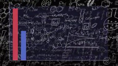 Düz dizayn üzerine bar grafiği, bilim karalamalarının ortasında yedi adet kırmızı mavi altın külçeyle canlandırılıyor. Bilgi, veri görselleştirme, bilimsel, eğitici, minimalist, canlı, analitik