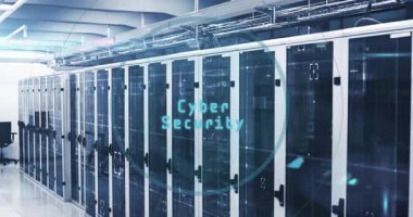 Sunucu koridorunda yüzen dijital asma kilit simgesi, üç boyutlu görüntüleme ile siber güvenlik temasını gösterir. Teknoloji, veri, altyapı, güvenlik, ağ, dijital, modern