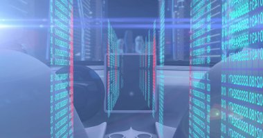 Veri panelleri ve kokpitlerle yüksek teknoloji kontrol odasında yüzen holografik arayüzü gösteriyor. Fütürist, siber uzay, dijital, hologram, çevreci, parlak, sanal