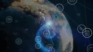 Dünya küresi yüzüyor, ağ çizgileri ikon düğümlerini birbirine bağlıyor, ışık demetleri 3 boyutlu olarak çiziliyor. Teknoloji, bağlantı, dijital, yenilik, iletişim, fütüristik, ağ