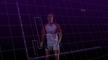 Erkek sporcu spor analitik stüdyosunda duruyor, mor bar grafikleri ve çizgileri üst üste koyuyor. Spor, analitik, görselleştirme, veri, teknoloji, fitness, performans