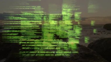 Alacakaranlıkta kayalık kıyı şeridinde düz dizayn tarzıyla yeşil dijital kod yayılıyordu. Teknoloji, siber güvenlik, dijital manzara, fütüristik, veri görselleştirme, dingin, soyut