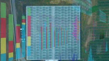 Düz tasarım cam sera merkezi, ekin sıralarının üzerinde şeffaf bar grafiklerini gösteriyor. Tarım, teknoloji, yenilik, sürdürülebilirlik, kırsal, veri görselleştirme, modern mimari