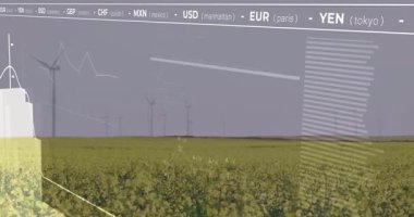 Finansal veri örtüleri altında dönen rüzgar türbinleriyle sarı çiçekli alan canlandırılıyor. Tarım, yenilenebilir, modern, finansal, belgesel, sürdürülebilir, teknoloji