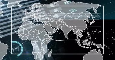Karanlık şebekeler üzerinde dijital dünya haritası canlandırılıyor şekiller, noktalı yollar, cyan PH2 yüzdeleri. Geometrik, geleceksel, siber güvenlik, teknoloji, yenilik, arayüz, analitik