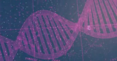 Şekillendirilmiş DNA sarmal merkezini gösteren animasyon, kablo çerçeveli çubuklar, noktalı kavisler, kod örtüleri. Fütürist, bilimsel, teknoloji, yenilik, dijital, soyutlama, biyoteknoloji