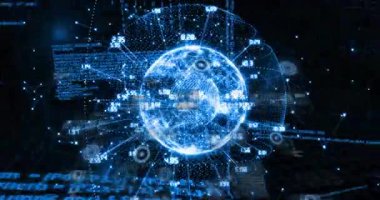 Parlak dijital küre, yüzen kod panelleri ve hedef grafiklerin yanında bağlı düğümleri gösteriyor. Teknoloji, veri görselleştirme, ağ, siber güvenlik, yenilik, dijital arayüz, fütürist