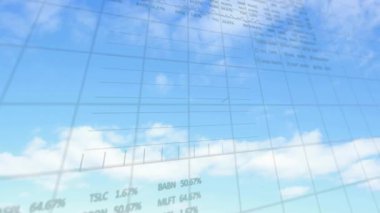 Bulut ızgarasında yüzen şeffaf çizgi grafikleri ve çubuk grafiklerini gösteren animasyon. Veri, analitik, görselleştirme, finans, teknoloji, dijital, yenilik