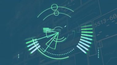 Merkezi dairesel HUD arayüzü eşmerkezli halkalar, radyal çizgiler ve yüzen kod blokları ile parlıyor. Futuristik, ui, teknoloji, dijital, arayüz, neon, ekran