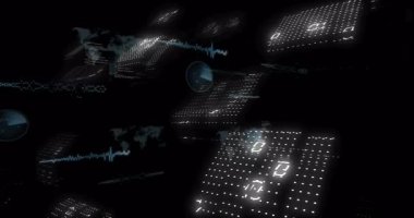 Yüzen kod panellerini gösteren soyut dijital manzara ve üç boyutlu görselleştirme oluşturan ikili ızgara. Fütüristik, teknoloji, veri görselleştirme, sibernetik, dijital ortam, yapay zeka, yenilik