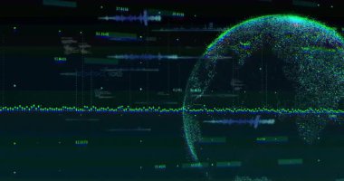 Parçacık küresi düz dizayn gösterge panelinde dönüyor, dalga biçimi grafikleri, sayısal etiketler, kod blokları var. Teknoloji, veri görselleştirme, analitik, dijital arayüz, bilgi tasarımı, bilimsel, fütürist