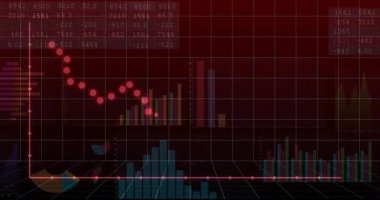 3D şebeke zigzag çizgisi üzerinde kırmızı noktalı çizelge, rakamsal kaplamalı renkli çubukları gösteriyor. Veri görselleştirme, analitik, finans, teknoloji, dijital arayüz, bilgi, istatistiksel