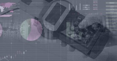 Kartla ödeme terminalinin üzerindeki grafiklerin resmi. Kablosuz ödemeler, finans, ticaret ve teknoloji konsepti dijital olarak oluşturulmuş görüntü.