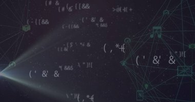 Mavi arkaplanda dönen çoklu değişen matematiksel semboller ve dijital simgelerin küreleri. Küresel ağ ve teknoloji kavramı