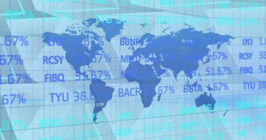 Dünya haritası silueti dijital ofis salonunda şeffaf ızgara kaplamalı işaretleri gösteriyor. Teknoloji, finans, analitik, veri görselleştirme, şirket, modern, yenilik