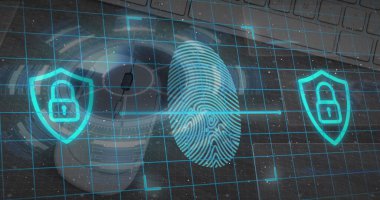 Bilgisayarın üzerinde parmak izi resmi. Küresel internet güvenliği, veri işleme, bağlantılar ve dijital arayüz konsepti dijital olarak oluşturuldu.