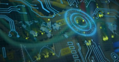 Image of statistics and data processing on grey background. Global business finance and connections concept digitally generated image.