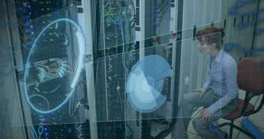 Image of statistics and data processing on grey background. Global business finance and connections concept digitally generated image.