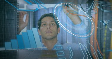 Image of statistics and data processing on grey background. Global business finance and connections concept digitally generated image.