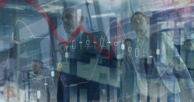 İş adamları üzerinden finansal veri işleme görüntüsü. Küresel iş bağlantıları ve veri işleme kavramı dijital olarak oluşturulmuş görüntü.