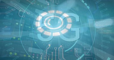 Mavi arkaplan üzerinde 5g metin bulunan dijital arayüz resmi. Küresel bilim, bağlantılar, veri işleme ve dijital arayüz kavramı dijital olarak oluşturuldu.