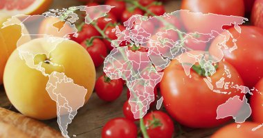 Meyve ve sebzelerin üzerindeki dünya haritası. Gıda, meyve, sebze ve dünya vegan günü konsepti dijital olarak oluşturulmuş görüntü.