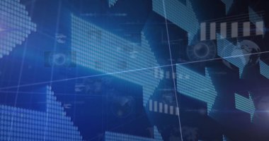 Image of statistics and data processing on grey background. Global business finance and connections concept digitally generated image.