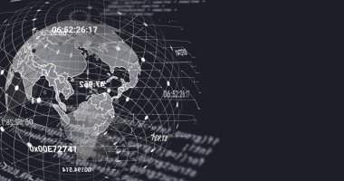 Siyah arkaplanda değişen rakamların ve dünyanın görüntüsü. veri işleme, ağ, bilgisayar ve teknoloji konsepti dijital olarak oluşturulmuş görüntü.