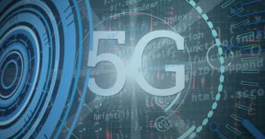 Sunucularda 5G ve veri işleme görüntüsü. bilgisayarlar, ağ, veri işleme, iletişim ve teknoloji konsepti dijital olarak oluşturulmuş görüntü.