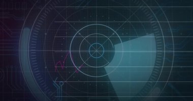 Radar ızgarası 3 boyutlu görüntülemede merkezde dönerek, veri etiketli eflatun ve cyan çizelgelerini gösterir. Gelecek, teknoloji, veri, analiz, arayüz, siber, dijital