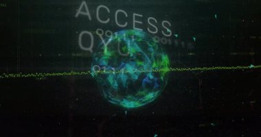 3D ağ küresi boşlukta dönüyor, yayınlanan ikili kod ve kırmızı erişim reddedildi. Siber uzay, veri görselleştirme, dijital ağ, fütüristik, güvenlik, teknoloji, soyut