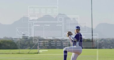 Yeşil alanda softball oynayan bir kadın, animasyon yörünge çizgisi ve teknik veri tablosu gösteriyor. Sporcu, eğlence, açık hava, spor, kararlılık, eylem, doğa