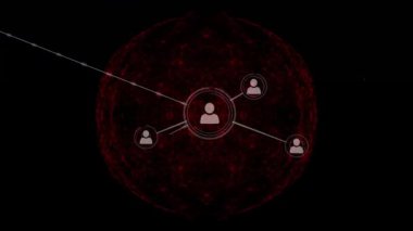 Ağ görselleştirmesi, uzayda kırmızı veri noktalarıyla bağlantı kuran parlayan kullanıcı düğümlerini gösteriyor. Teknoloji, bağlantı, dijital, soyut, siber güvenlik, veri, iletişim