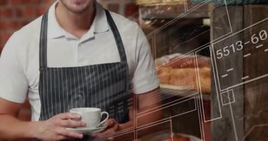 Baker çizgili önlük giyip fırın analizleriyle yüzen grafikler ve numaralar sunuyor. Zanaatkârlık, zanaat, kırsal, canlı, endüstri, konukseverlik, yenilik