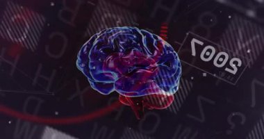 Havada süzülen 3 boyutlu beyin neon ağ düğümlerini ve dijital dünya haritasını gösteriyor. Gelecekçi, nörobilim, görselleştirme, teknoloji, yenilik, bağlantı, siber