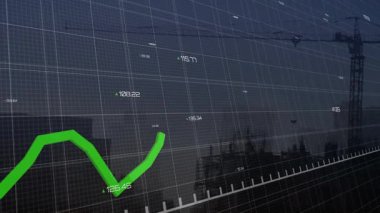 Finans çizelgesi, yeşil zigzag çizgisi ve vinç silueti üzerinde gösteriliyor. Analizler, veriler, yatırım, tahminler, teknoloji, ilerleme, büyüme