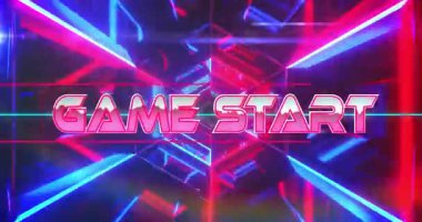 Stylize edilmiş neon metin oyunu START altıgen neon ışınlarıyla canlı dijital tünelin içinde parlıyor. Fütürist, neon, siber uzay, dijital, canlı, dalgın, soyut