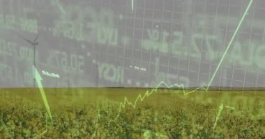 Kırsal alanlarda yeşil finansal haritalar yükselen rüzgâr türbinlerinin altında açan sarı ekinler. Tarım, sürdürülebilirlik, çevre dostu, yenilenebilir, büyüme, çevre, dijital