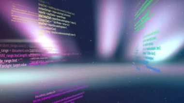 Kozmik boşlukta hareket eden yüzen kod panelleri, ufuktaki bant 3 boyutlu flaşlar yayıyor. Fütürist, siber, soyut, teknoloji, dijital, sürükleyici, canlı