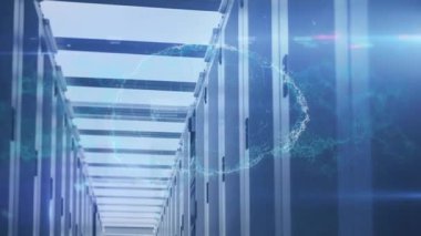 Sunucu koridorunda yüzen 3 boyutlu holografik küre, parlayan düğümleri ve kod örtüsünü gösteriyor. Fütürist, teknoloji, ağ, dijital, siber, yüksek teknoloji, dalgın