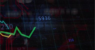 Düz tasarım yeşil zigzag çizgisi, karanlık şebeke üzerinde, sarı çizgi ve bulanık veriyle canlandırılıyor. Analizler, teknoloji, yenilik, veri görselleştirme, dijital arayüz, performans ölçümleri, fütürist