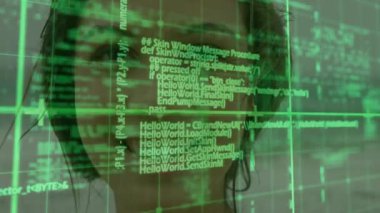 Yeşil kodu inceleyen kadın mühendis yüzen fonksiyon çağrılarıyla teknolojik arayüzü örtüyor. Gelecekçi, siber güvenlik, arayüz, dijital, yenilik, ai, ui