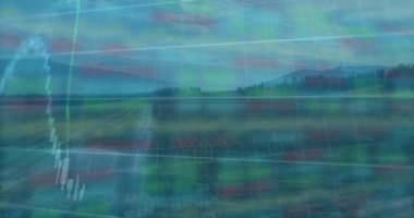 Düz dizaynla tarım arazisinde kayan borsa grafiği şamdanları ve çizgi grafiklerini gösteriyor. Finansal, tarım, kırsal, yatırım, veri görselleştirme, canlılık, ekolojik