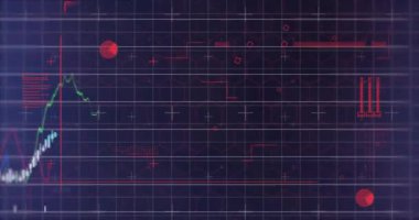 Finansal konsolda yeşil ve mavi çizgi grafikleri, şamdan çubukları ve hex ızgarasında kırmızı çizgi var. Teknoloji, analitik, kullanıcı arayüzü, veri görselleştirme, kurumsal, dijital, gelecekçilik