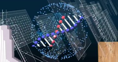 3 boyutlu veri görselleştirmesinde yüzen DNA sarmalı, şeffaf panelleri ve yükselen bar grafiğini gösteriyor. Futuristik, teknoloji, analitik, arayüz, dijital, yenilik, bilim