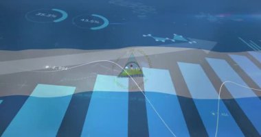 Gösterge panelinde mavi çizelge, beyaz çizgi grafiği, ilerleme halkaları, Nikaragua amblemi gösteriliyor. Veri analizi, gösterge paneli, bilgi grafikleri, teknoloji, minimalizm, şirket, finans