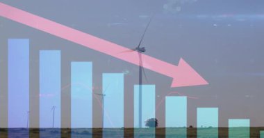 Merkezi rüzgar türbini çimenli düz mavi çubuklarda dönüyor pembe ok aşağıya doğru iniyor. Yenilenebilir enerji, sürdürülebilirlik, yeşil teknoloji, çevre, temiz güç, altyapı, doğa