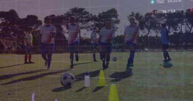 Çim tarlasında futbol talimi yapan bayan takım spor teknik çizelgeleri ve koni yerlerini gösteriyor. Atletizm, takım çalışması, fitness, açık hava, dinamik, rekabetçi, antrenman